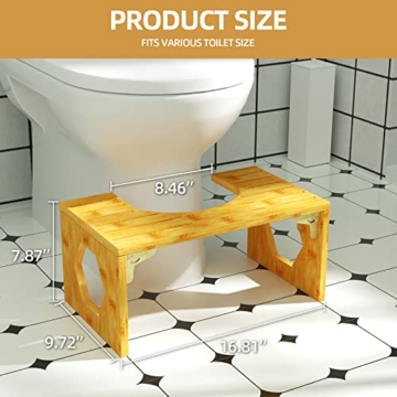 Fixinus Toilettenhocker, Bambus 8 Zoll Toilette Töpfchen Schritt Hocker, Faltbarer Badezimmer-Kack Hocker mit Rutschfester Matte für Erwachsene Kinder, natürliche Farbe - 4