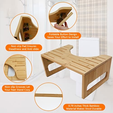 Toilettenhocker Holz, Klappbarer WC Hocker für Erwachsene, Toilettenhocker Erwachsene aus Bambus,Tritthocker Klohocker Anti Verstopfung,Gesunde Sitzhaltung Badezimmer Hocker für Erwachsene und Kinder - 4